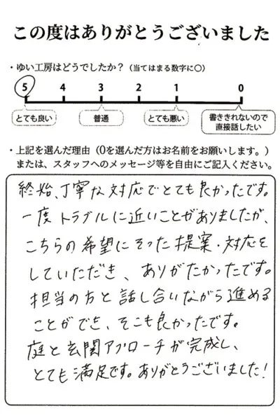 新潟市東区M様のお声（お庭・玄関アプローチリフォーム）　評価5（とても良い）